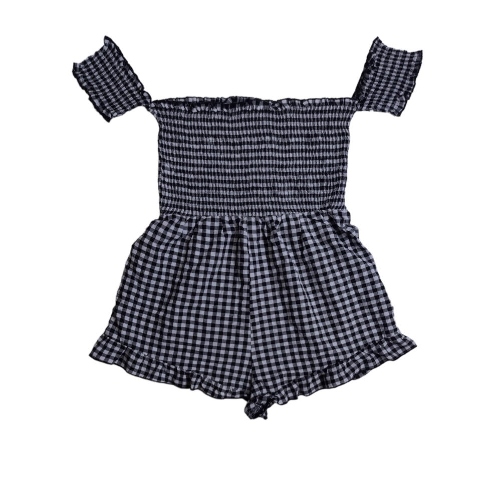 Shein Off-The-Shoulder Shirred Frill Hem Gingham Romper